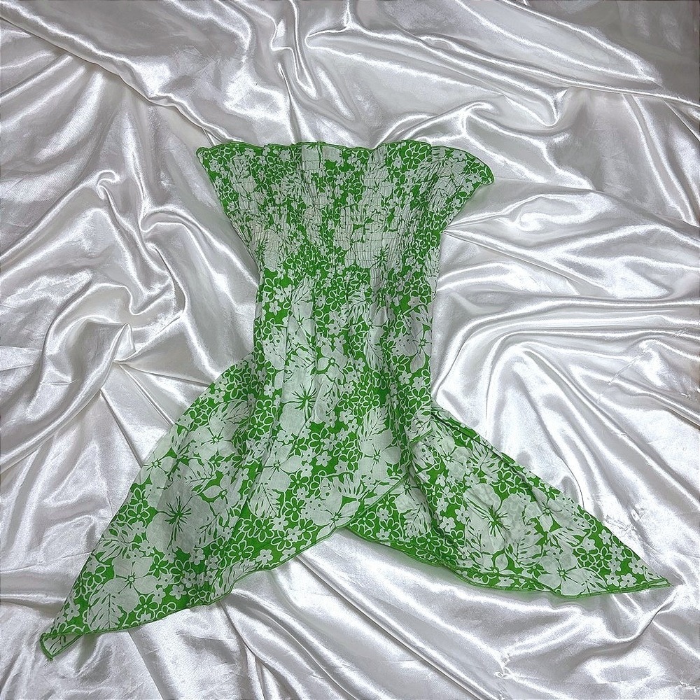 y2k Tube Top Skirt Green Good Smocked Handkerchief Hem Floral Hibiscus